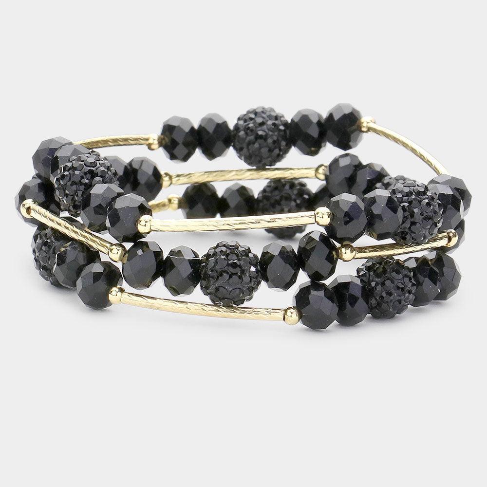 Black 3PCS Shamballa Ball Faceted Beaded Stretch Bracelets - Jewelry Store by Erik Rayo