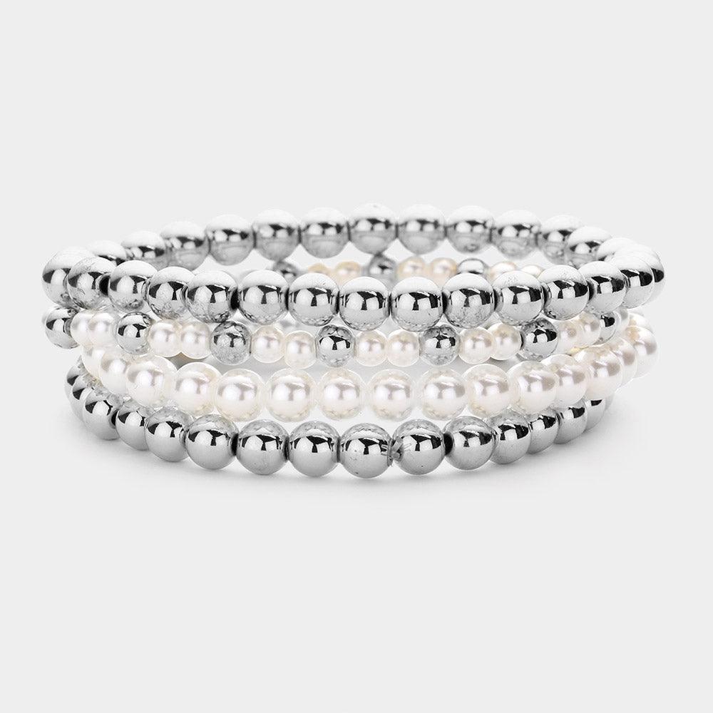 4PCS   Pearl Metal Ball Stretch Bracelets