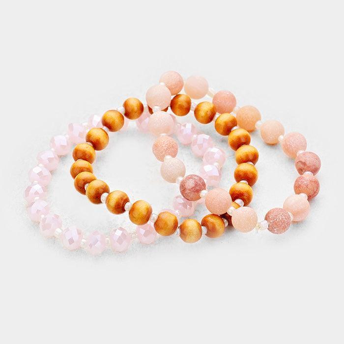 Pink 3PCS Multi Strand Wood Natural Stone Bead Stretch Bracelets - Jewelry Store by Erik Rayo