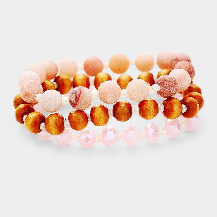 Pink 3PCS Multi Strand Wood Natural Stone Bead Stretch Bracelets - Jewelry Store by Erik Rayo