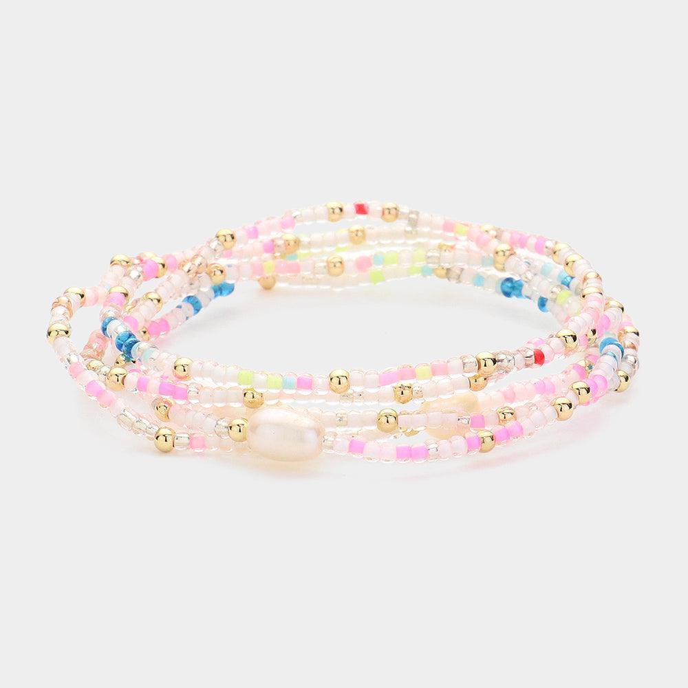 Gold 5PCS Pearl Pointed Seed Beaded Stretch Multi Layered Bracelets - Jewelry Store by Erik Rayo
