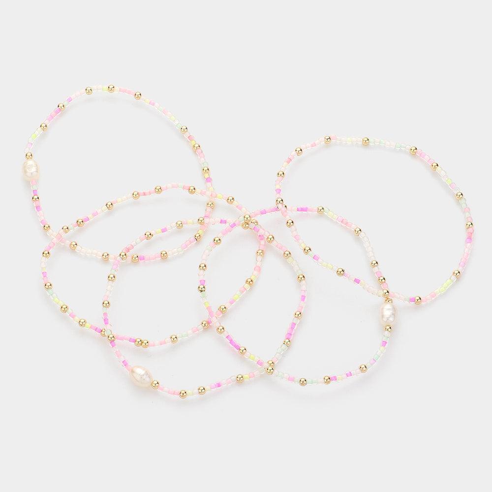 White 5PCS Pearl Pointed Seed Beaded Stretch Multi Layered Bracelets - Jewelry Store by Erik Rayo