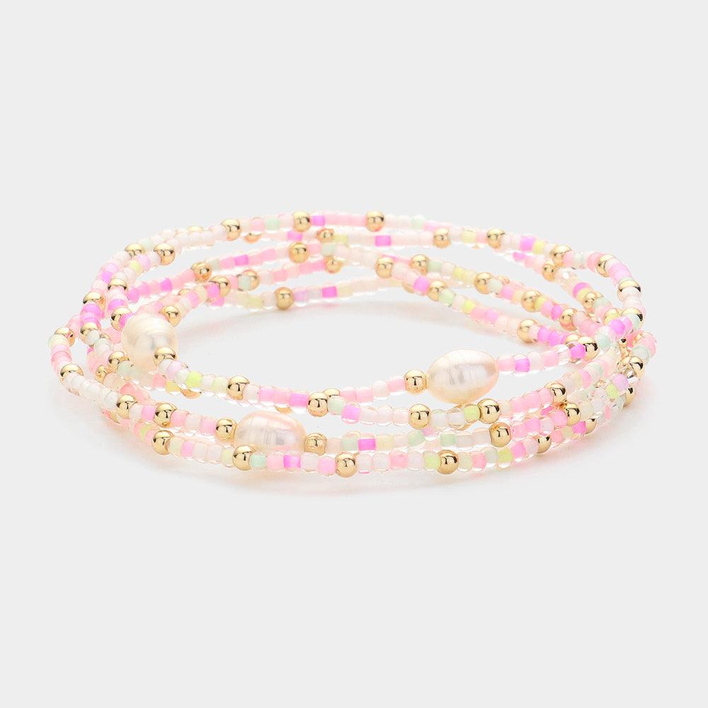 White 5PCS  Pearl Pointed Seed Beaded Stretch Multi Layered Bracelets