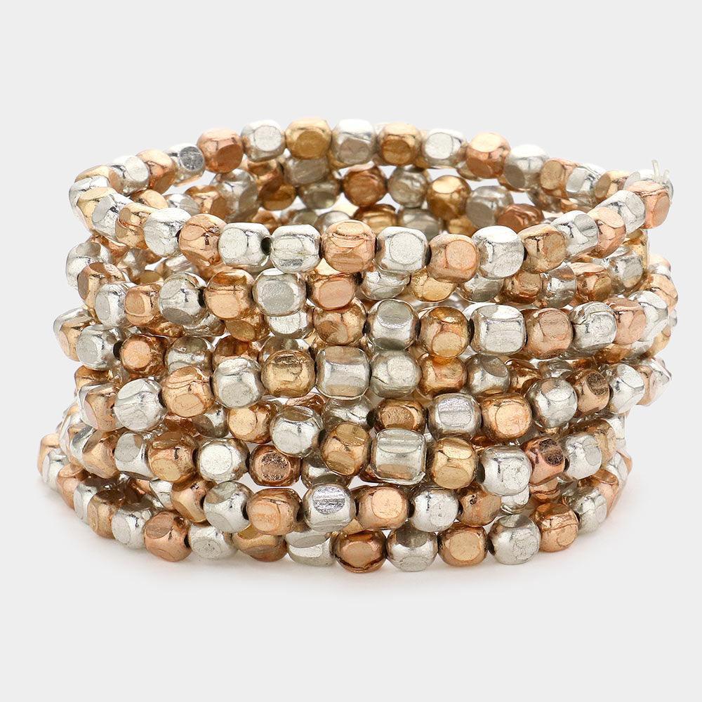 Two Tone 11PCS Metal Cube Bead Stretch Bracelets - Jewelry Store by Erik Rayo