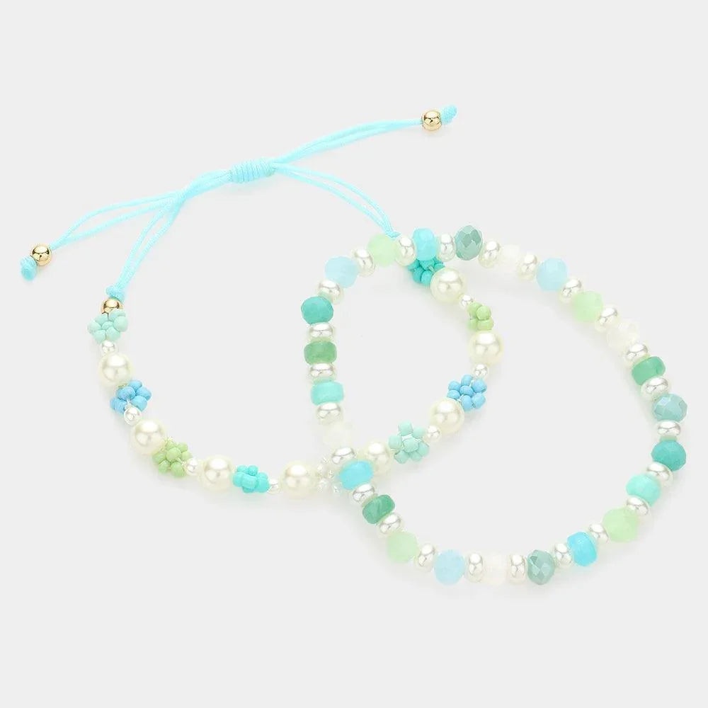 Blue 2PCS - Pearl Faceted Beaded Bracelets - Jewelry Store by Erik Rayo