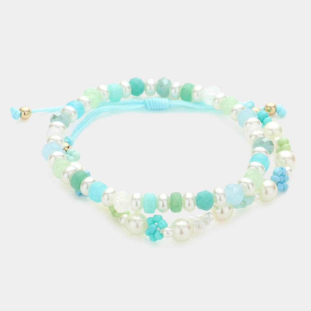 Blue 2PCS - Pearl Faceted Beaded Bracelets