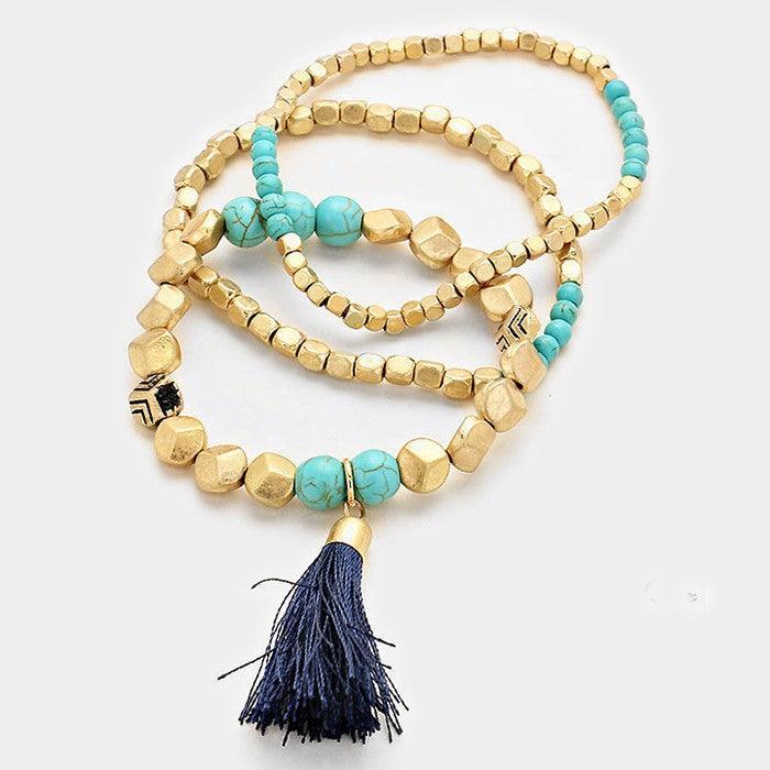 Turquoise Triple Layer Tassel Drop Stretch Bracelet - Jewelry Store by Erik Rayo