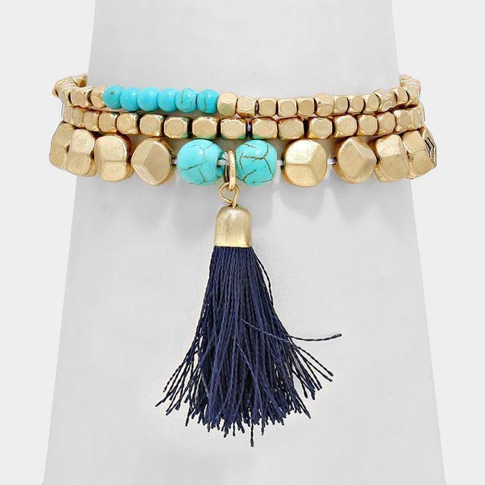 Turquoise Triple Layer Tassel Drop Stretch Bracelet - Jewelry Store by Erik Rayo