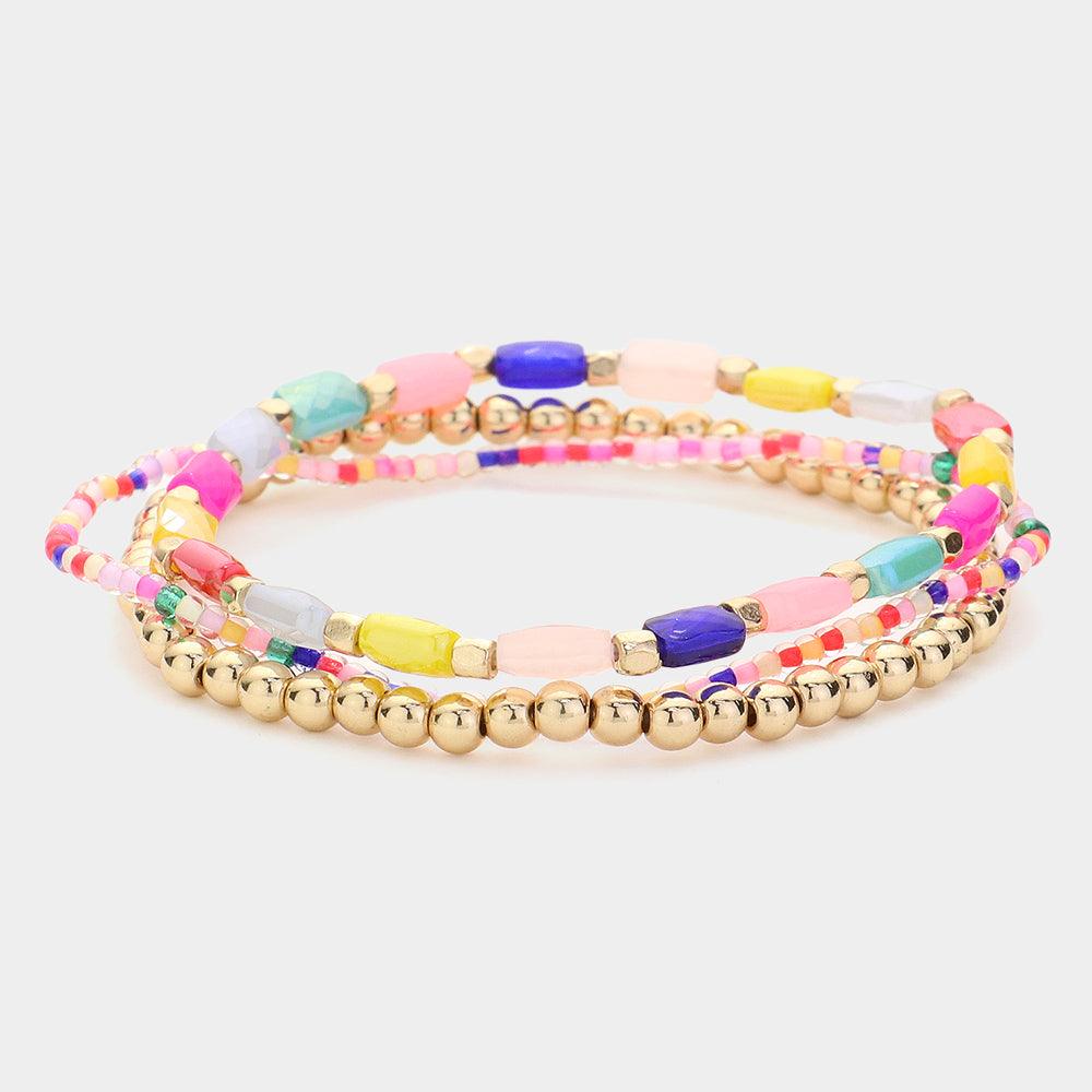 Gold 3PCS  Beads Multi Layered Stretch Bracelets