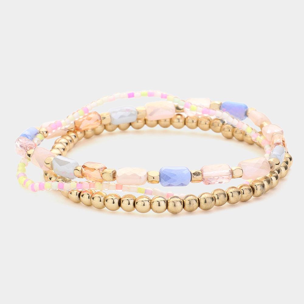 Gold 3PCS  Beads Multi Layered Stretch Bracelets