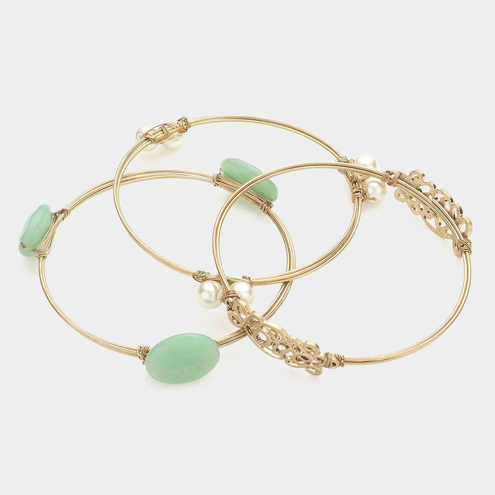 Green 3PCS Love Message Semi Precious Stack Bracelets - Jewelry Store by Erik Rayo