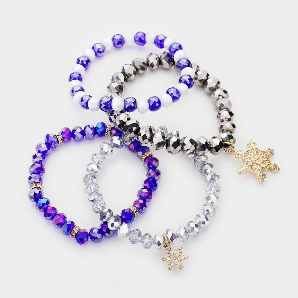 Blue 4PCS Christmas Snowflake Charm Bead Stretch Layered Bracelets - Jewelry Store by Erik Rayo