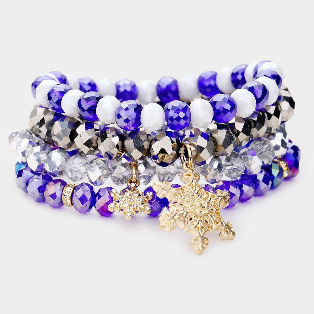 Blue 4PCS Christmas Snowflake Charm Bead Stretch Layered Bracelets - Jewelry Store by Erik Rayo