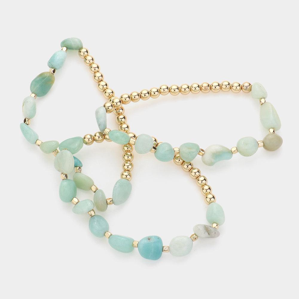 Gold 3PCS - Natural Stone Accented Metal Ball Beaded Stretch Multi Layered Bracelets - Jewelry Store by Erik Rayo