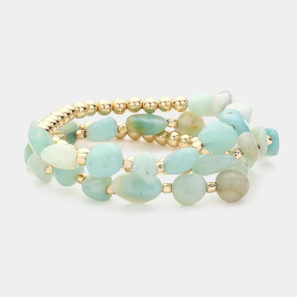 Gold 3PCS - Natural Stone Accented Metal Ball Beaded Stretch Multi Layered Bracelets - Jewelry Store by Erik Rayo