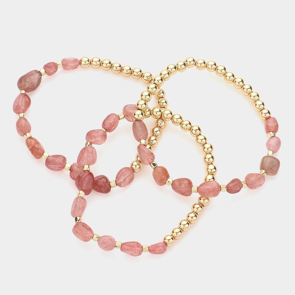 Gold 3PCS Natural Stone Accented Metal Ball Beaded Stretch Multi Layered Bracelets - Jewelry Store by Erik Rayo