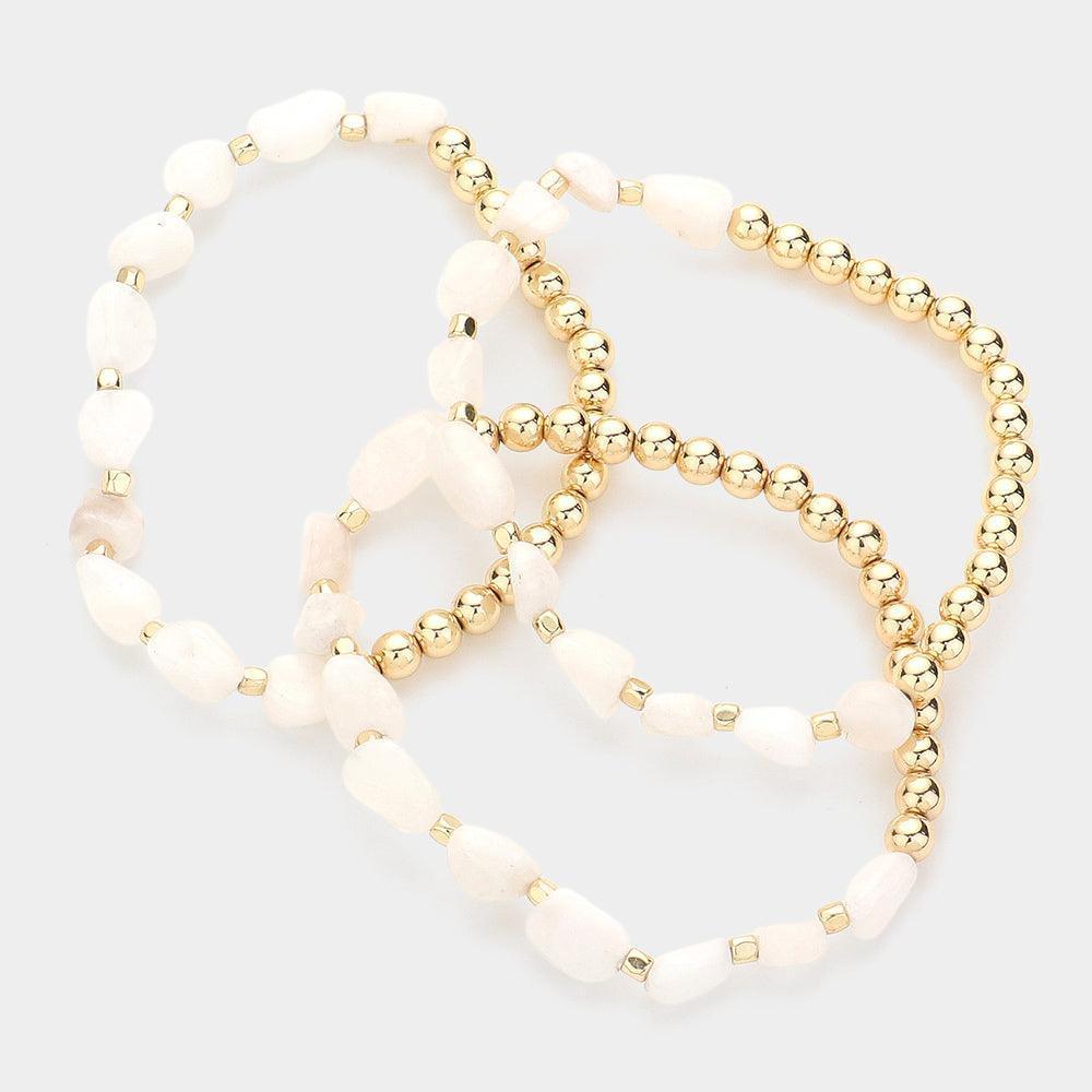 White 3PCS - Natural Stone Accented Metal Ball Beaded Stretch Multi Layered Bracelets - Jewelry Store by Erik Rayo