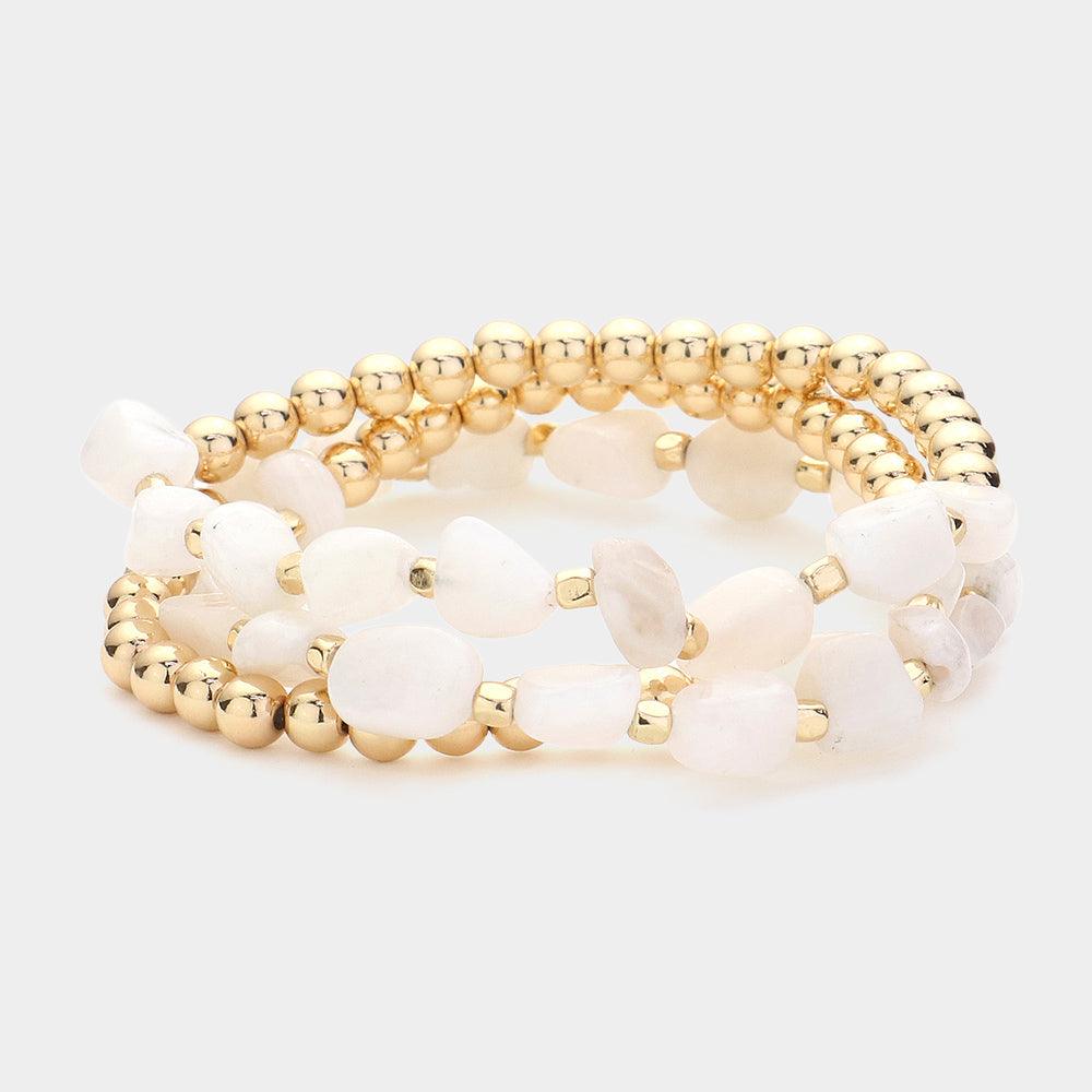 White 3PCS - Natural Stone Accented Metal Ball Beaded Stretch Multi Layered Bracelets