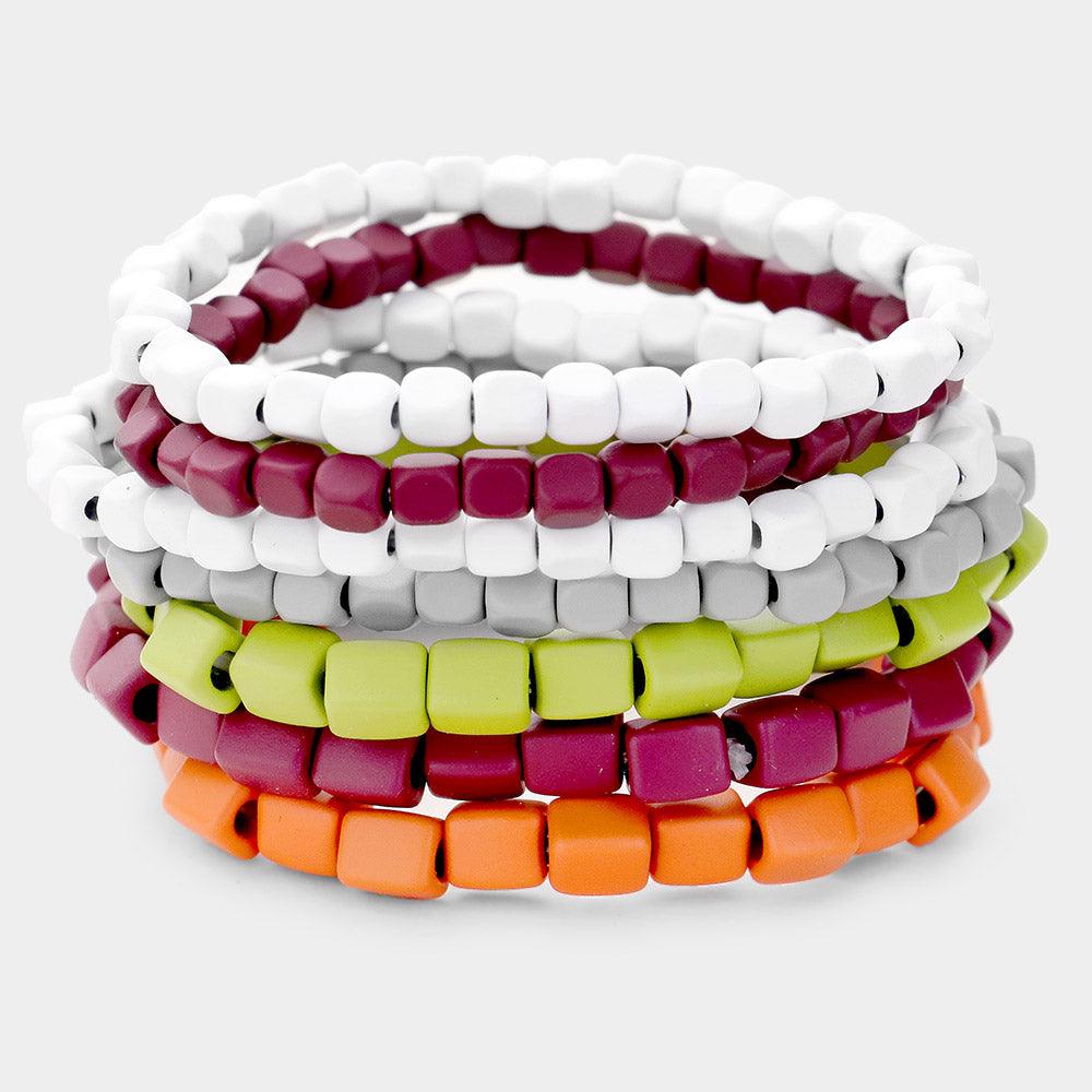 Burgundy 7PCS  Square Resin Multi Color Stretch Layered Bracelet