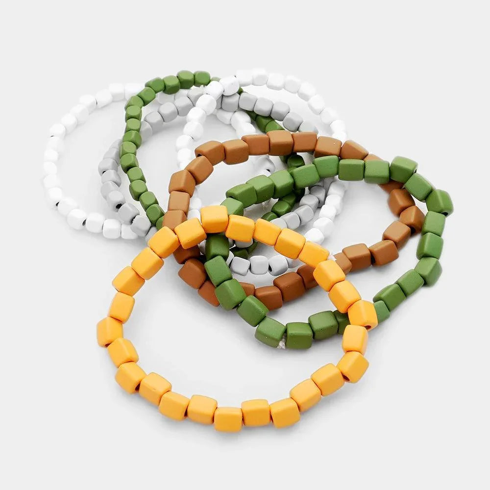 Green 7PCS Square Resin Multi Color Stretch Layered Bracelet - Jewelry Store by Erik Rayo