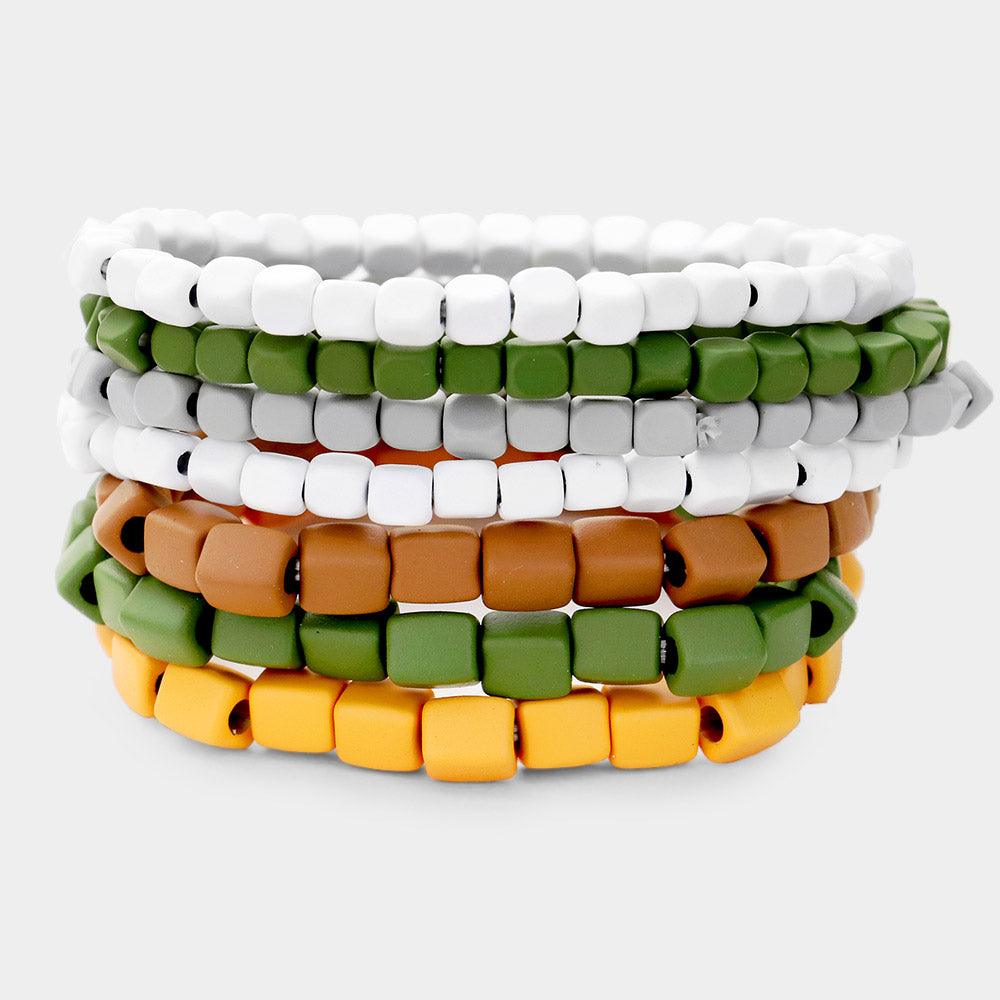 Green 7PCS  Square Resin Multi Color Stretch Layered Bracelet