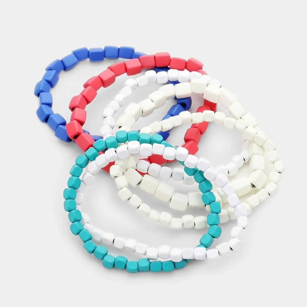 White 7PCS Square Resin Multi Color Stretch Layered Bracelet - Jewelry Store by Erik Rayo