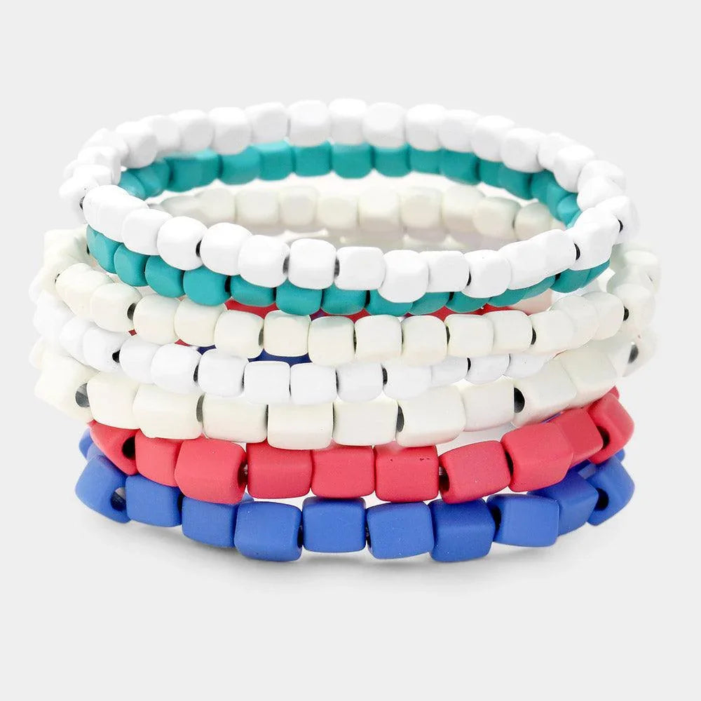 White 7PCS Square Resin Multi Color Stretch Layered Bracelet - Jewelry Store by Erik Rayo