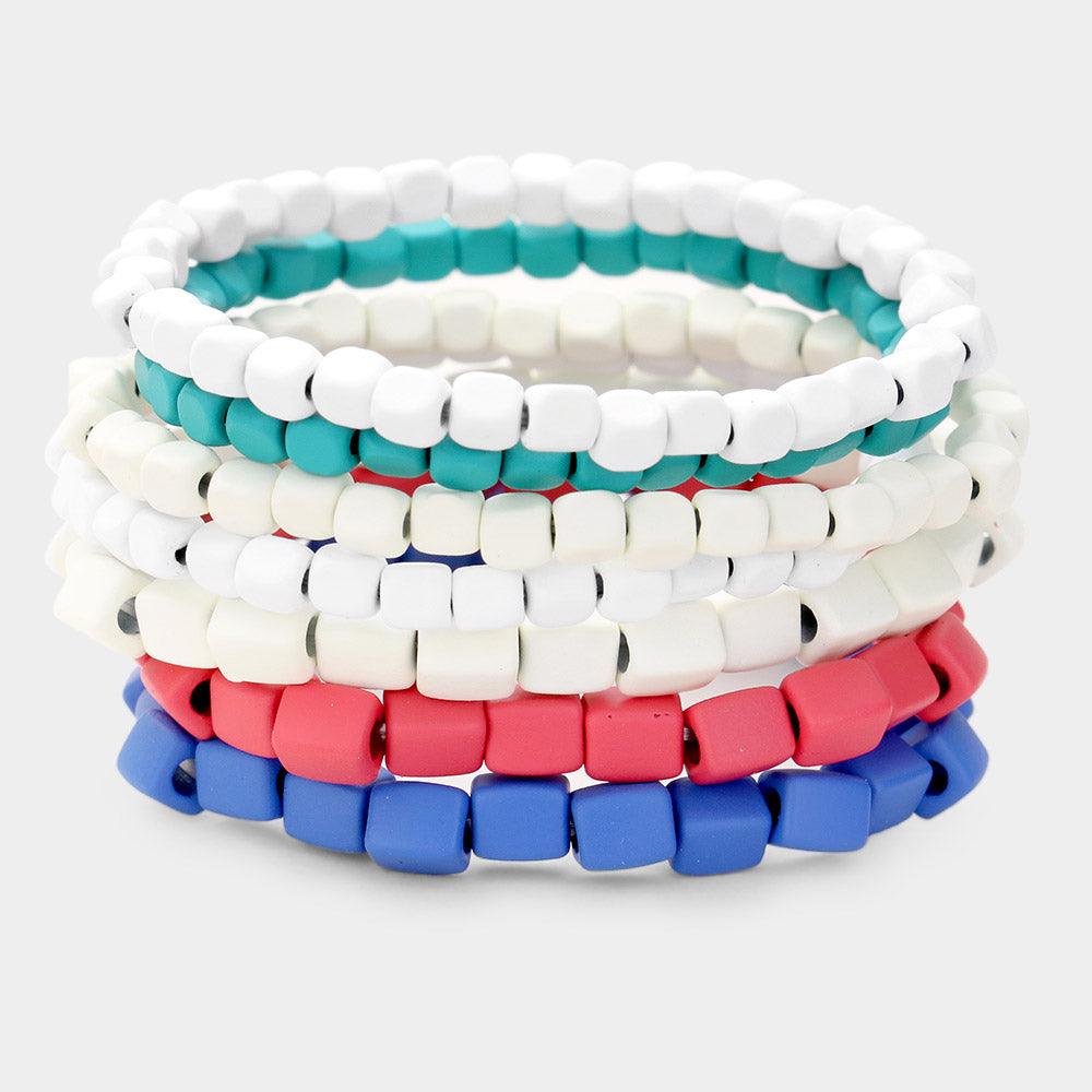 White 7PCS  Square Resin Multi Color Stretch Layered Bracelet