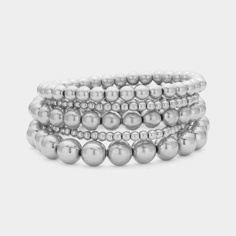 Silver 5PCS  Metal Ball Beaded Stretch Bracelets