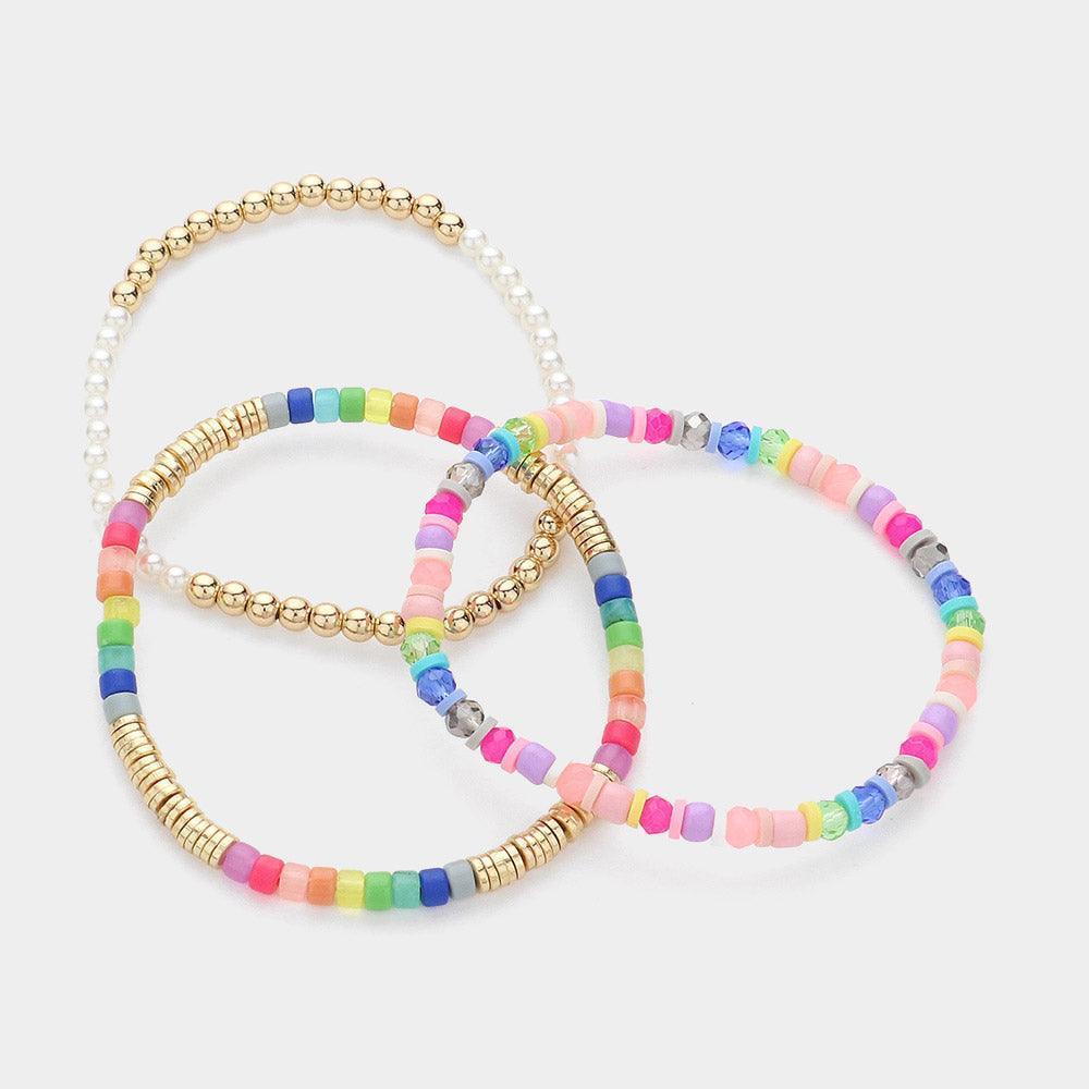Gold 3PCS - Faceted Heishi Pearl Metal Beaded Stretch Multi Layered Bracelets - Jewelry Store by Erik Rayo
