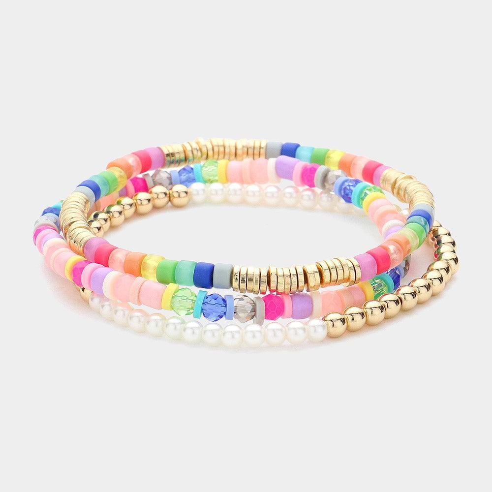 Gold 3PCS - Faceted Heishi Pearl Metal Beaded Stretch Multi Layered Bracelets - Jewelry Store by Erik Rayo