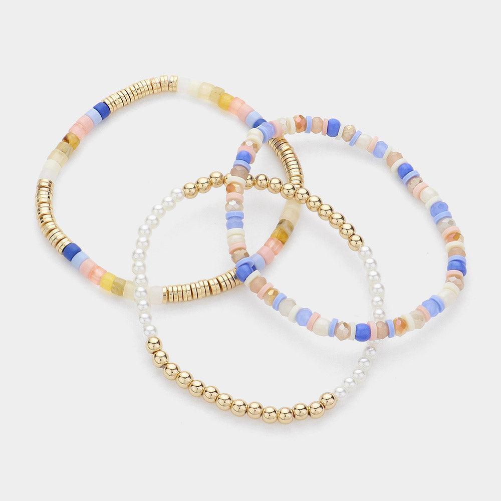 Blue 3PCS - Faceted Heishi Pearl Metal Beaded Stretch Multi Layered Bracelets - Jewelry Store by Erik Rayo