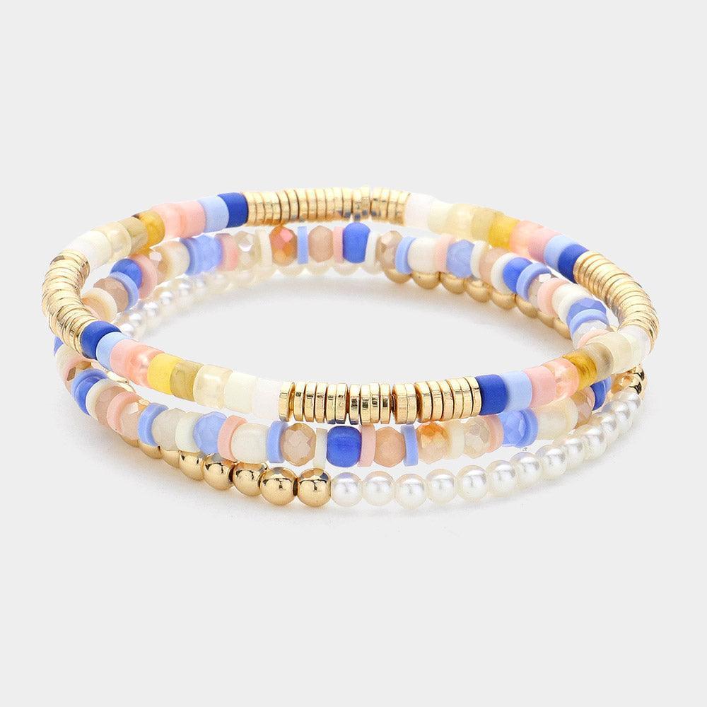 Blue 3PCS - Faceted Heishi Pearl Metal Beaded Stretch Multi Layered Bracelets - Jewelry Store by Erik Rayo