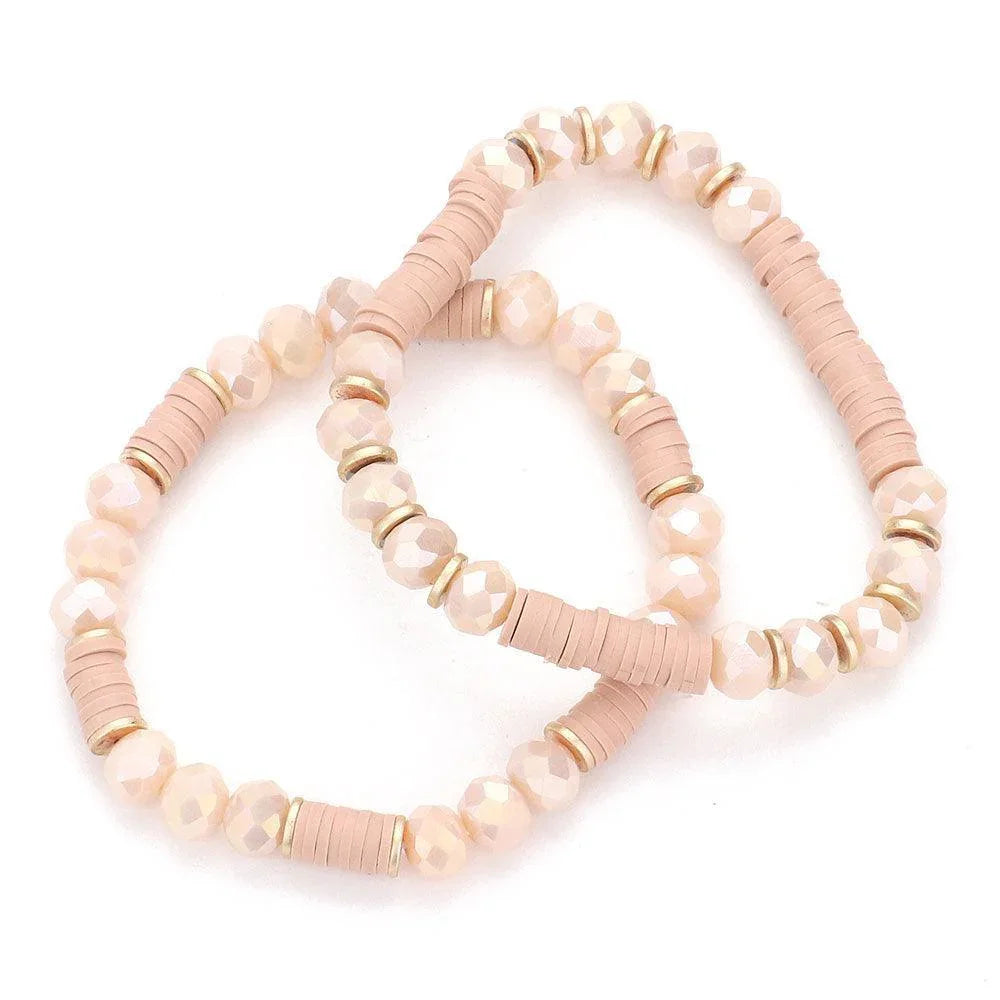 Pink 2PCS Heishi Faceted Beaded Stretch Bracelets - Jewelry Store by Erik Rayo