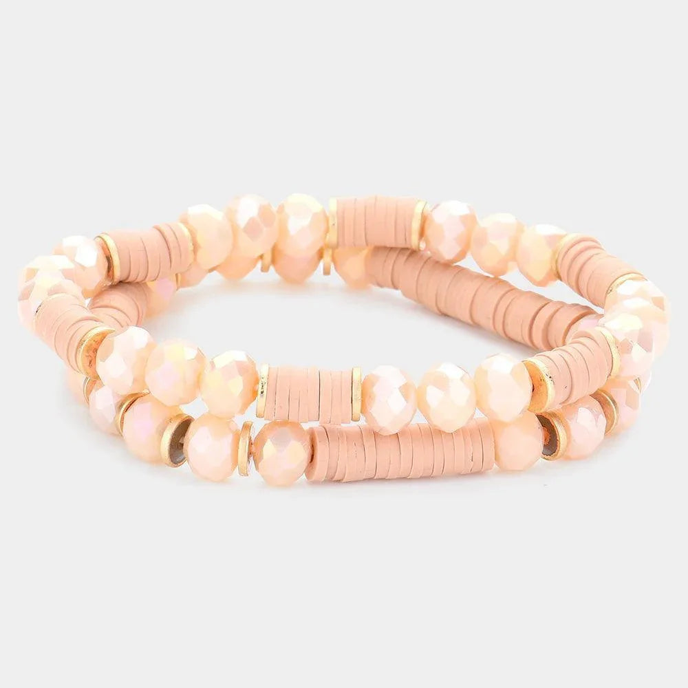 Pink 2PCS Heishi Faceted Beaded Stretch Bracelets - Jewelry Store by Erik Rayo