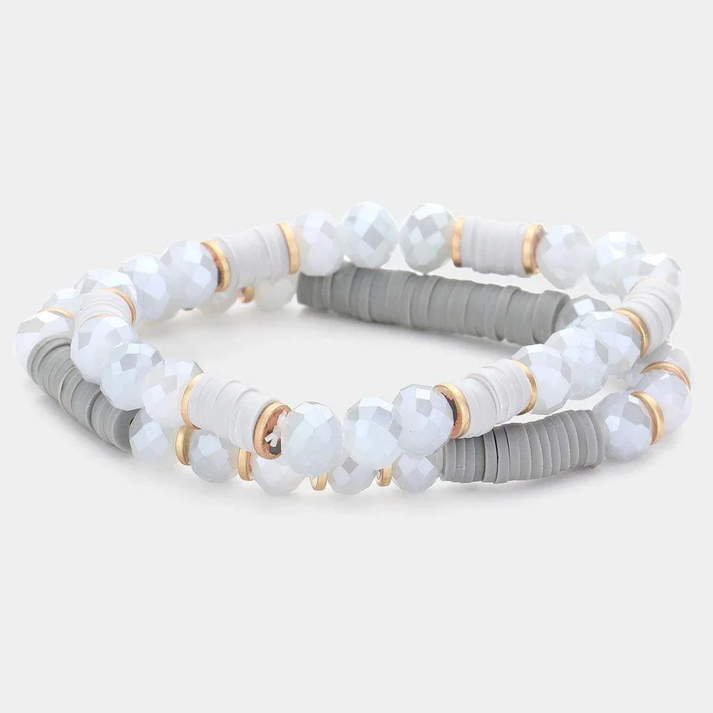 Gray 2PCS Heishi Faceted Beaded Stretch Bracelets - Jewelry Store by Erik Rayo