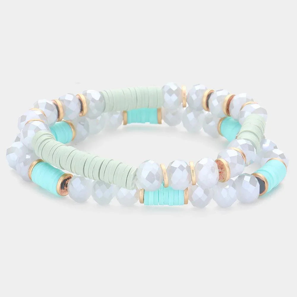 Blue 2PCS Heishi Faceted Beaded Stretch Bracelets - Jewelry Store by Erik Rayo