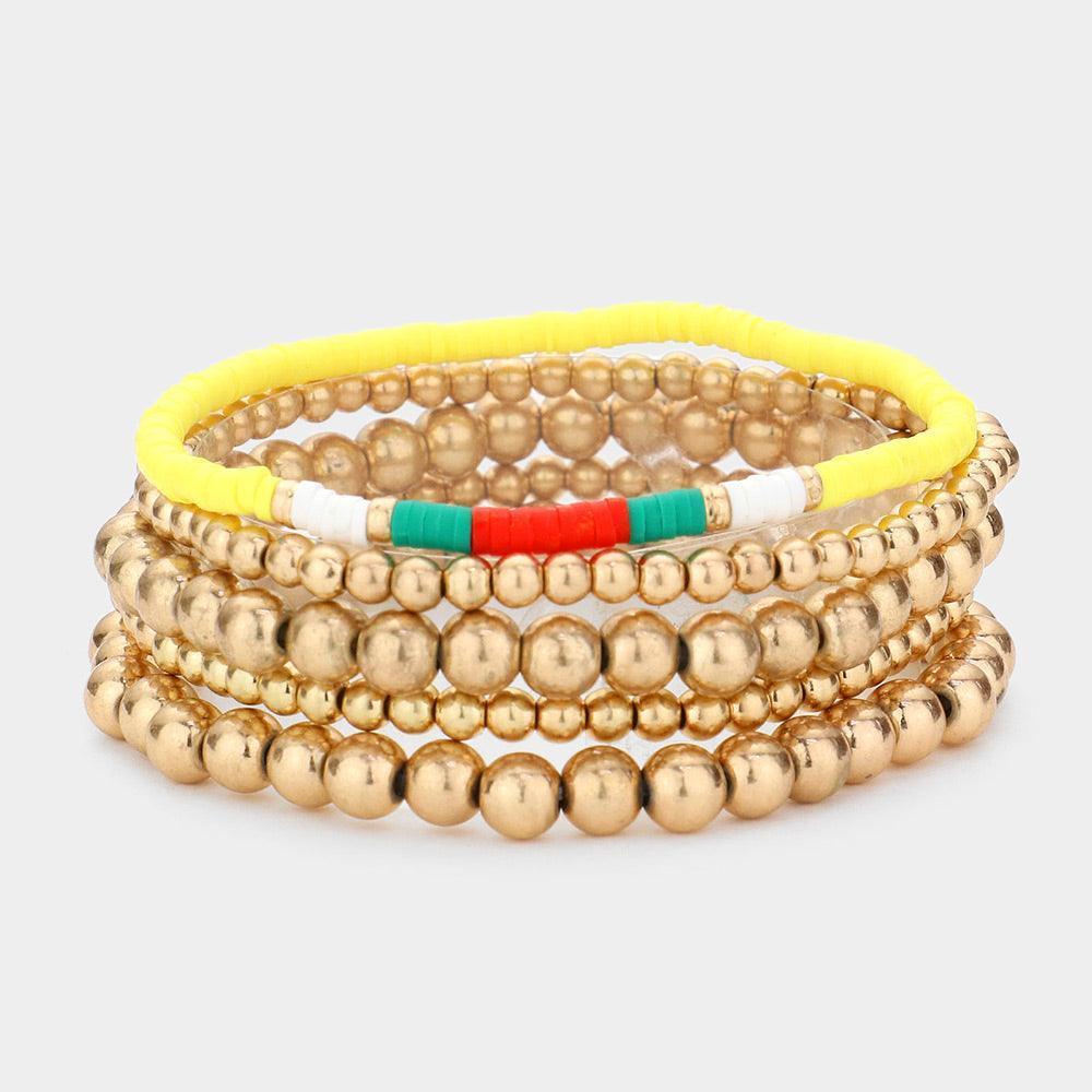 Yellow 5PCS Metal Ball Heishi Beaded Stretch Bracelets - Jewelry Store by Erik Rayo