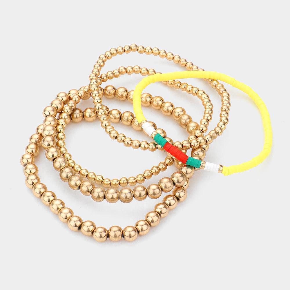 Yellow 5PCS Metal Ball Heishi Beaded Stretch Bracelets - Jewelry Store by Erik Rayo