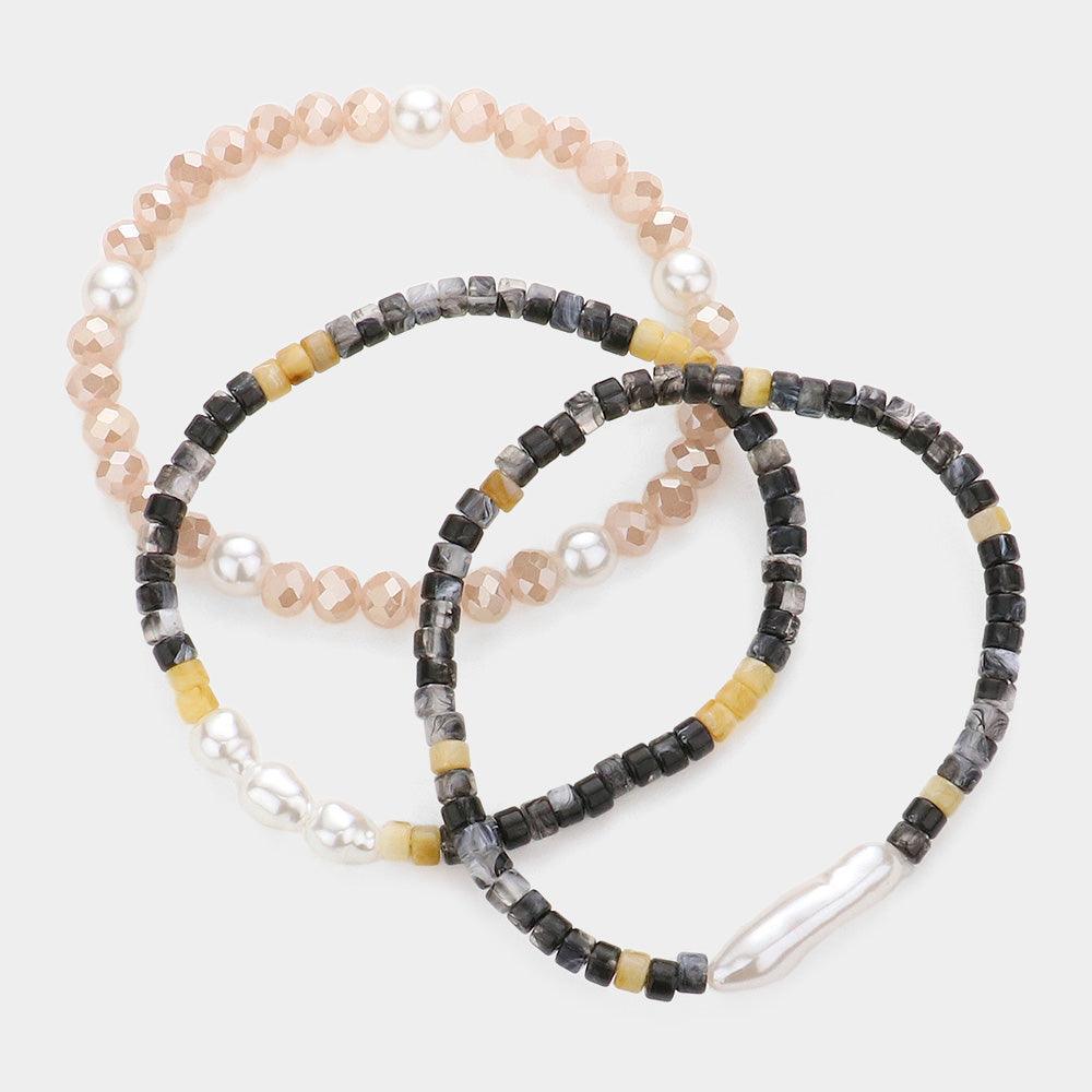 Black 3PCS Pearl Accented Faceted Beaded Stretch Bracelets - Jewelry Store by Erik Rayo