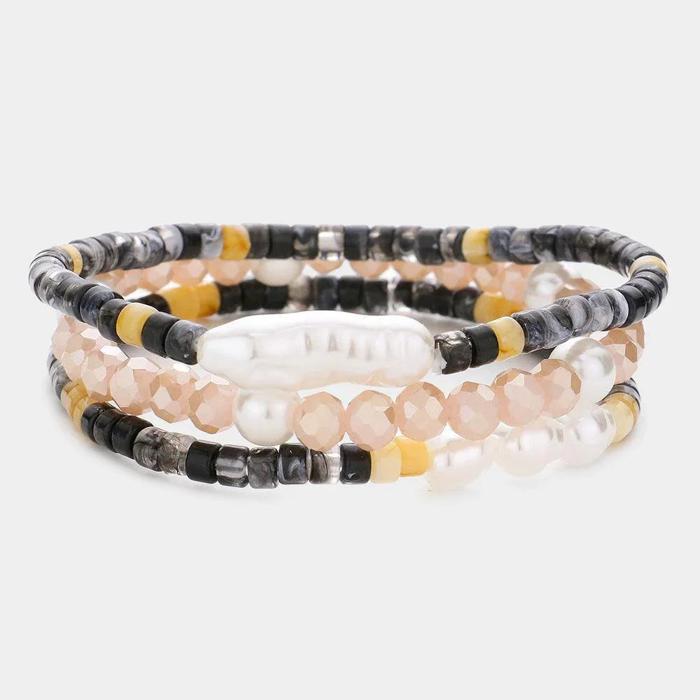 Black 3PCS Pearl Accented Faceted Beaded Stretch Bracelets - Jewelry Store by Erik Rayo