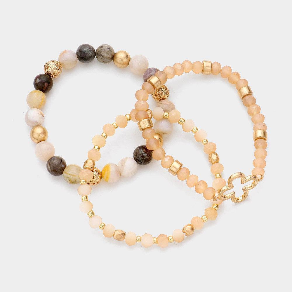3PCS - Open Metal Quatrefoil Accented Natural Stone Faceted Beaded Stretch Bracelets - Jewelry Store by Erik Rayo