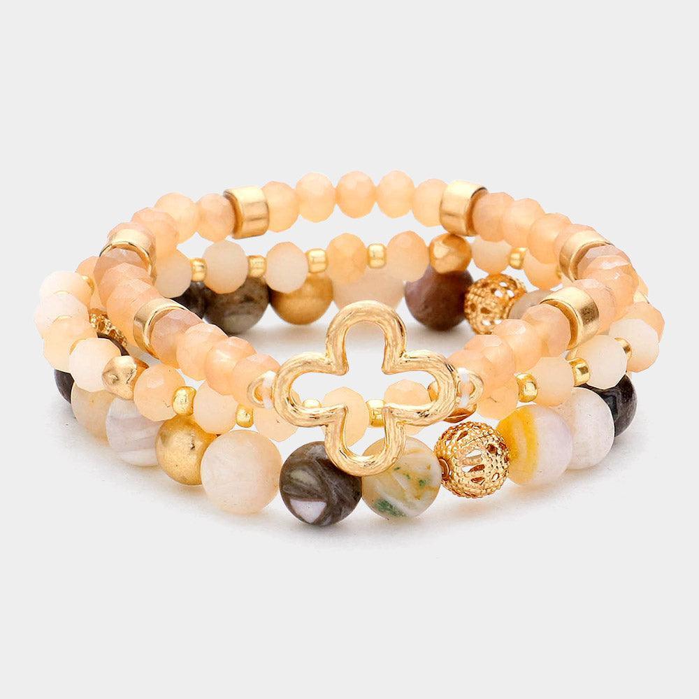 3PCS - Open Metal Quatrefoil Accented Natural Stone Faceted Beaded Stretch Bracelets - Jewelry Store by Erik Rayo