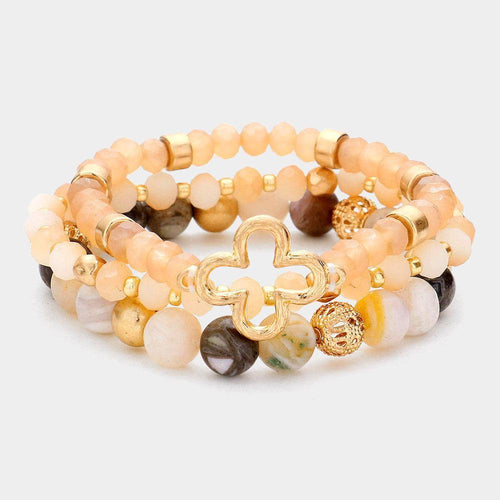 3PCS - Open Metal Quatrefoil Accented Natural Stone Faceted Beaded Stretch Bracelets - Jewelry Store by Erik Rayo
