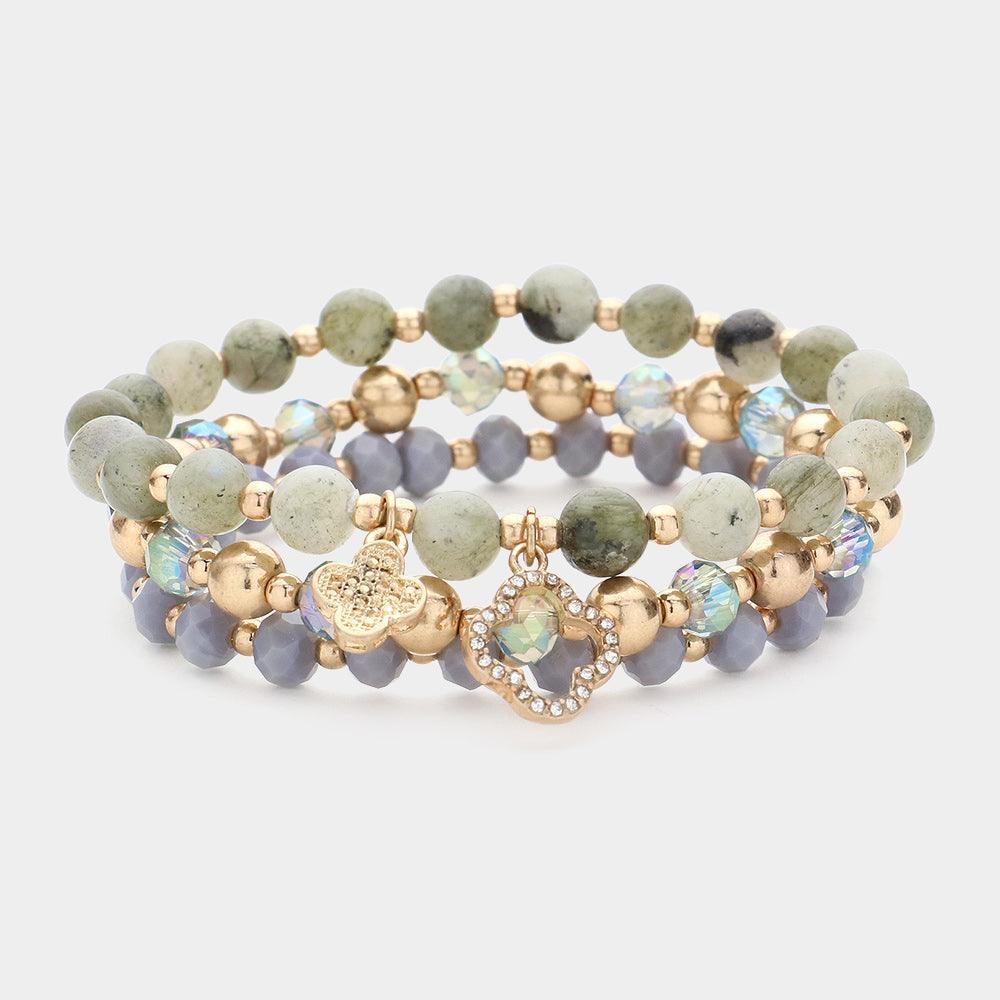 Silver 3PCS Quatrefoil Charm Faceted Beads Natural Stone Beaded Stretch Multi Layered Bracelets - Jewelry Store by Erik Rayo
