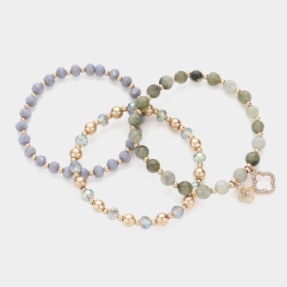 Silver 3PCS Quatrefoil Charm Faceted Beads Natural Stone Beaded Stretch Multi Layered Bracelets - Jewelry Store by Erik Rayo