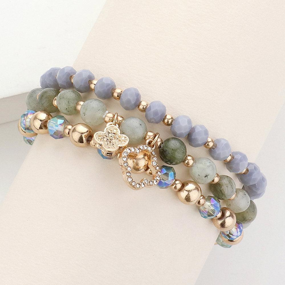 Silver 3PCS Quatrefoil Charm Faceted Beads Natural Stone Beaded Stretch Multi Layered Bracelets - Jewelry Store by Erik Rayo