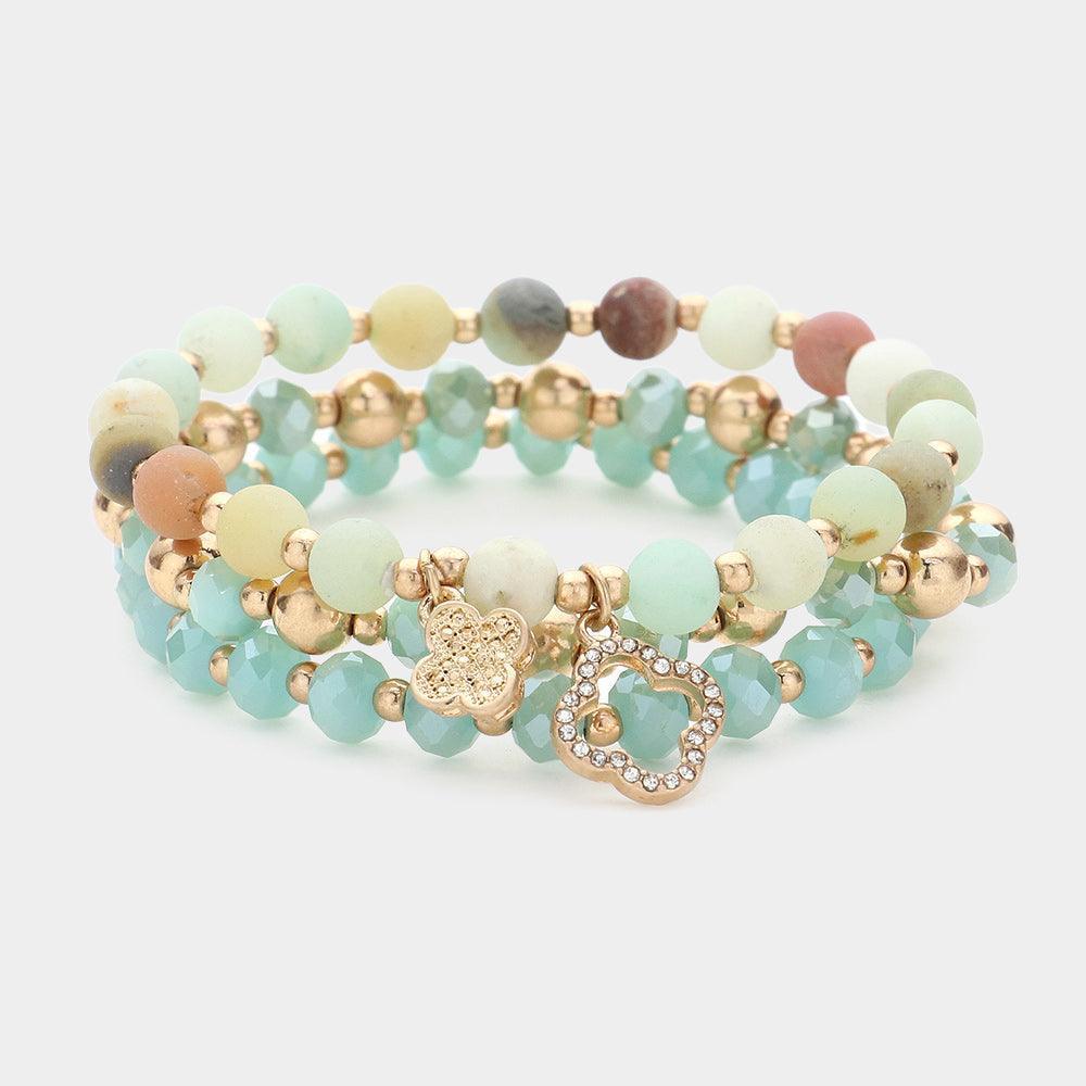 Gold 3PCS - Quatrefoil Charm Faceted Beads Natural Stone Beaded Stretch Multi Layered Bracelets - Jewelry Store by Erik Rayo