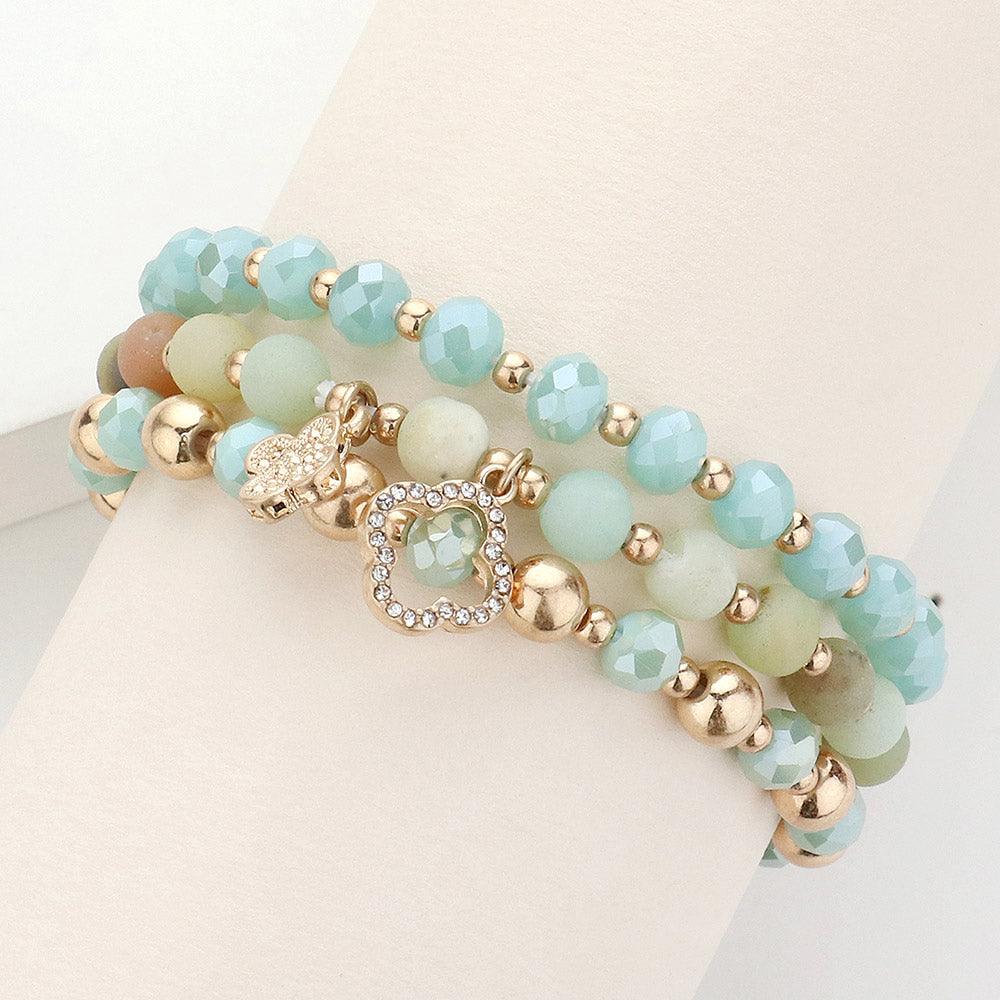 Gold 3PCS - Quatrefoil Charm Faceted Beads Natural Stone Beaded Stretch Multi Layered Bracelets