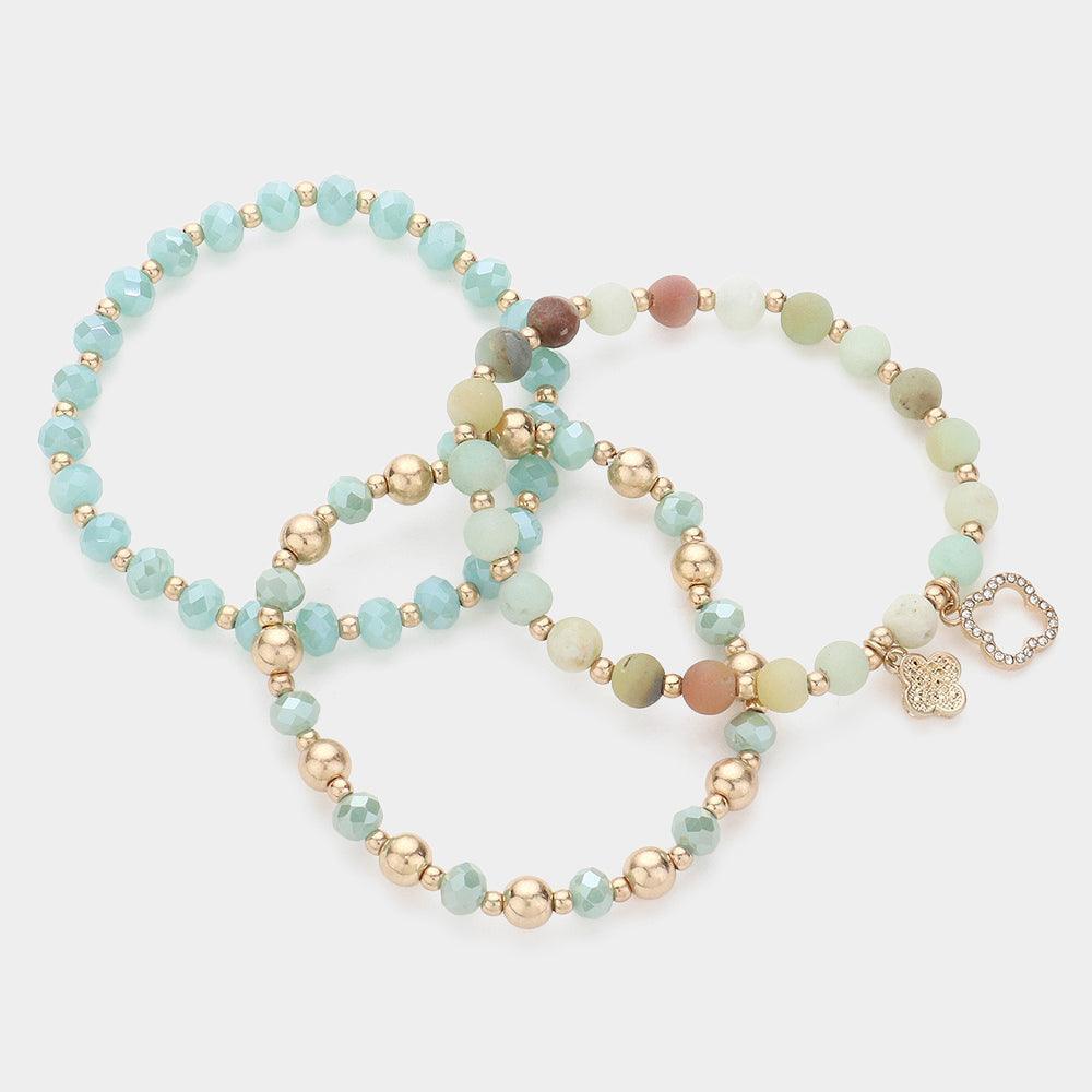 Gold 3PCS - Quatrefoil Charm Faceted Beads Natural Stone Beaded Stretch Multi Layered Bracelets - Jewelry Store by Erik Rayo